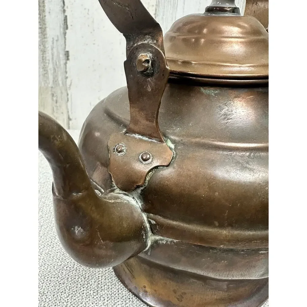 Folk Art‎ COPPER Tea Pot Kettle Patina Vintage Hand Made Porcelain Knob
